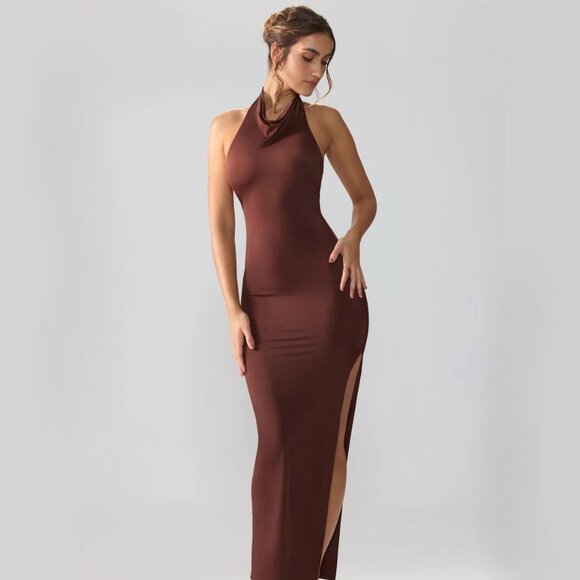 Oh Polly Jersey Cowl Neck Backless 'Anise' Maxi Dress in Espresso SIZE 4/ SMALL - Picture 1 of 5
